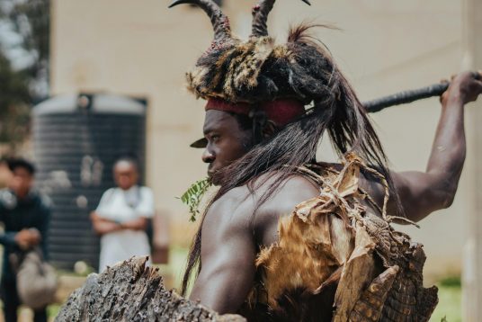 A traditional Nigerian cultural performer wearing an ornate costume with a backdrop of spectators.